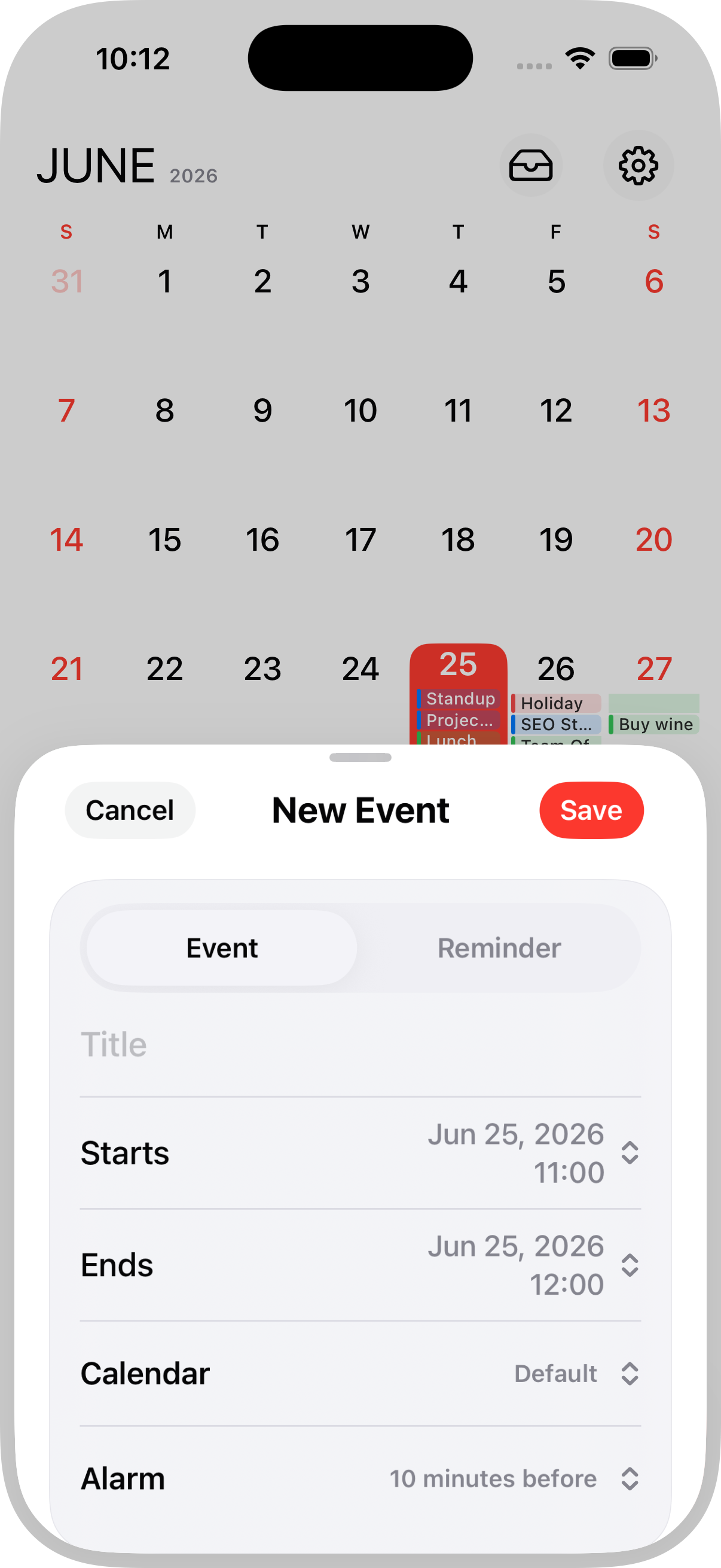 Actual Notics New Event sheet captured from the iPhone simulator