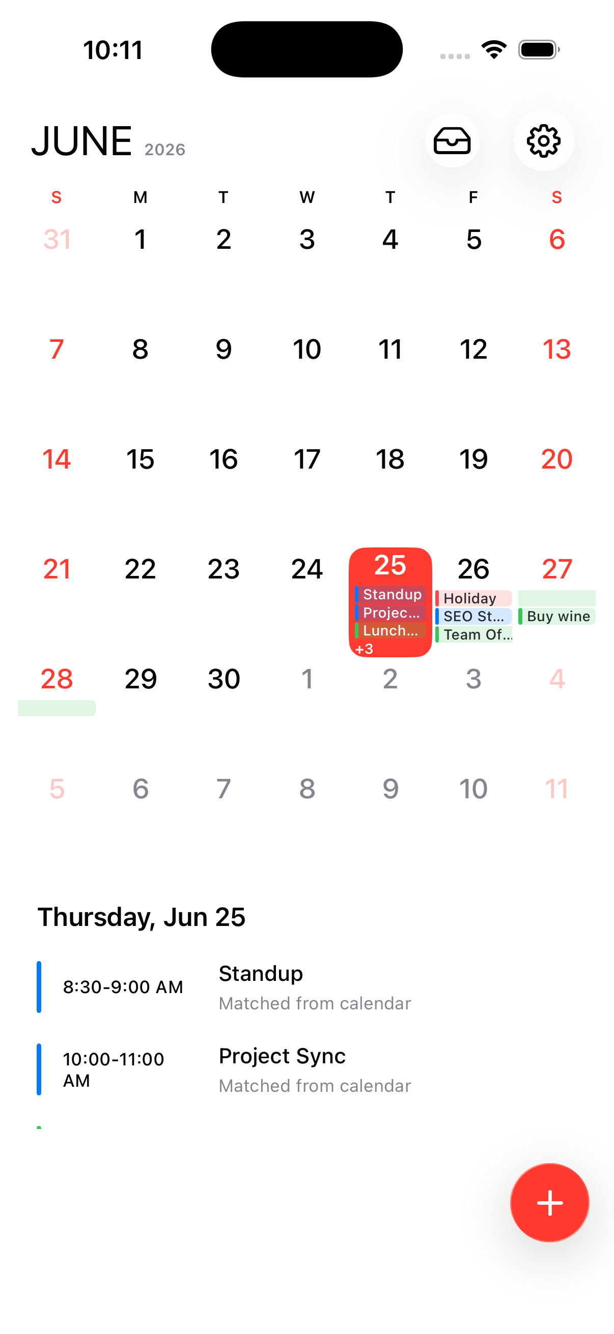 Notics app running on iPhone, showing the June month grid and agenda