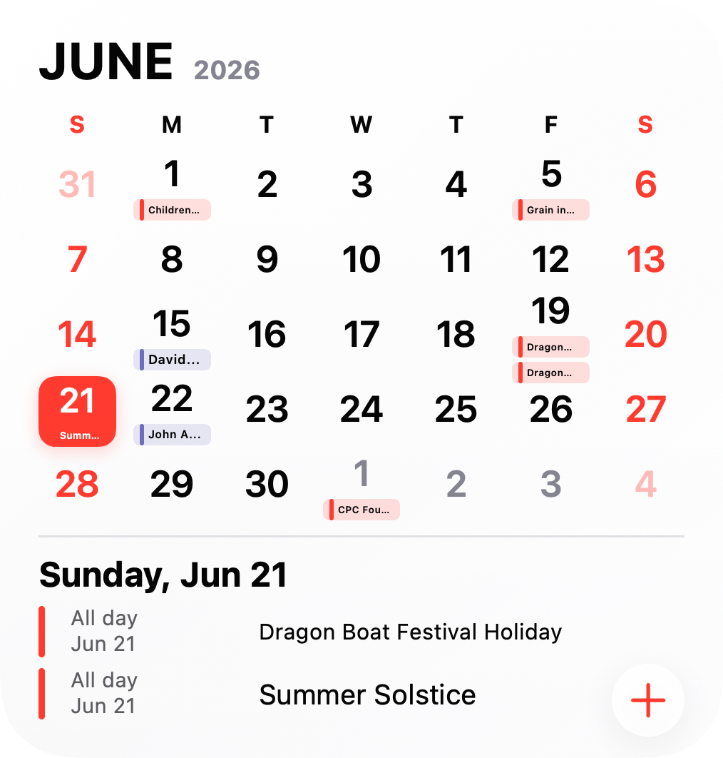 Notics Month widget showing a June calendar grid and selected-day agenda